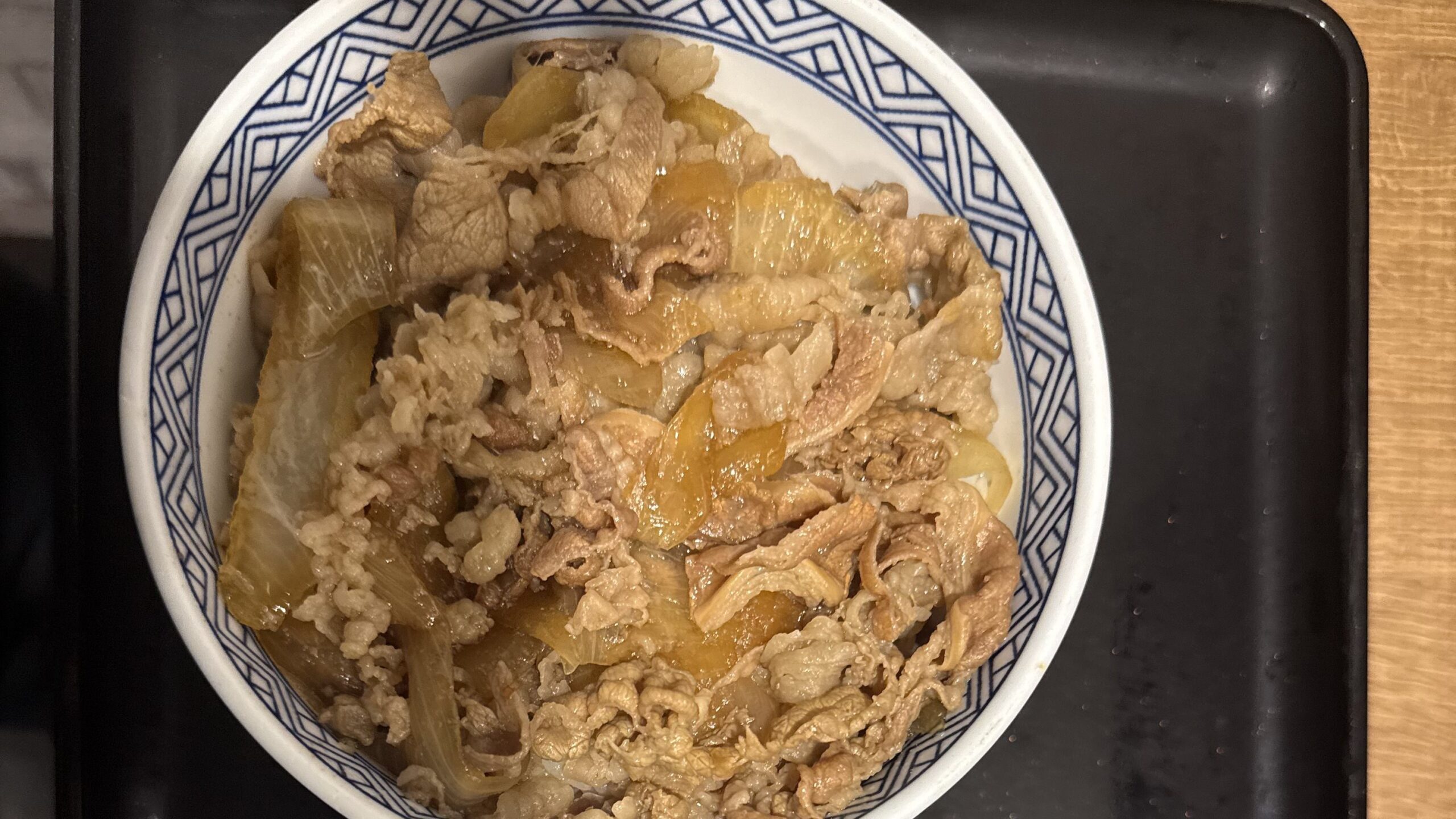 Yoshinoya gyudon beef bowl photographed from above, regular size